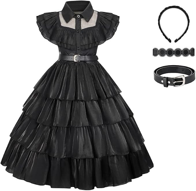 Wednesday Addams Costume Girls Dress Up for Kids Toddler Family Princess Merlina Cosplay Party Dr... | Amazon (US)