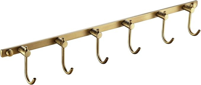WINCASE Antique Brass Hook Rack, 6 Hooks Coat Rack, Bath Wall Hook Rack Vintage Mounted Brushed B... | Amazon (US)