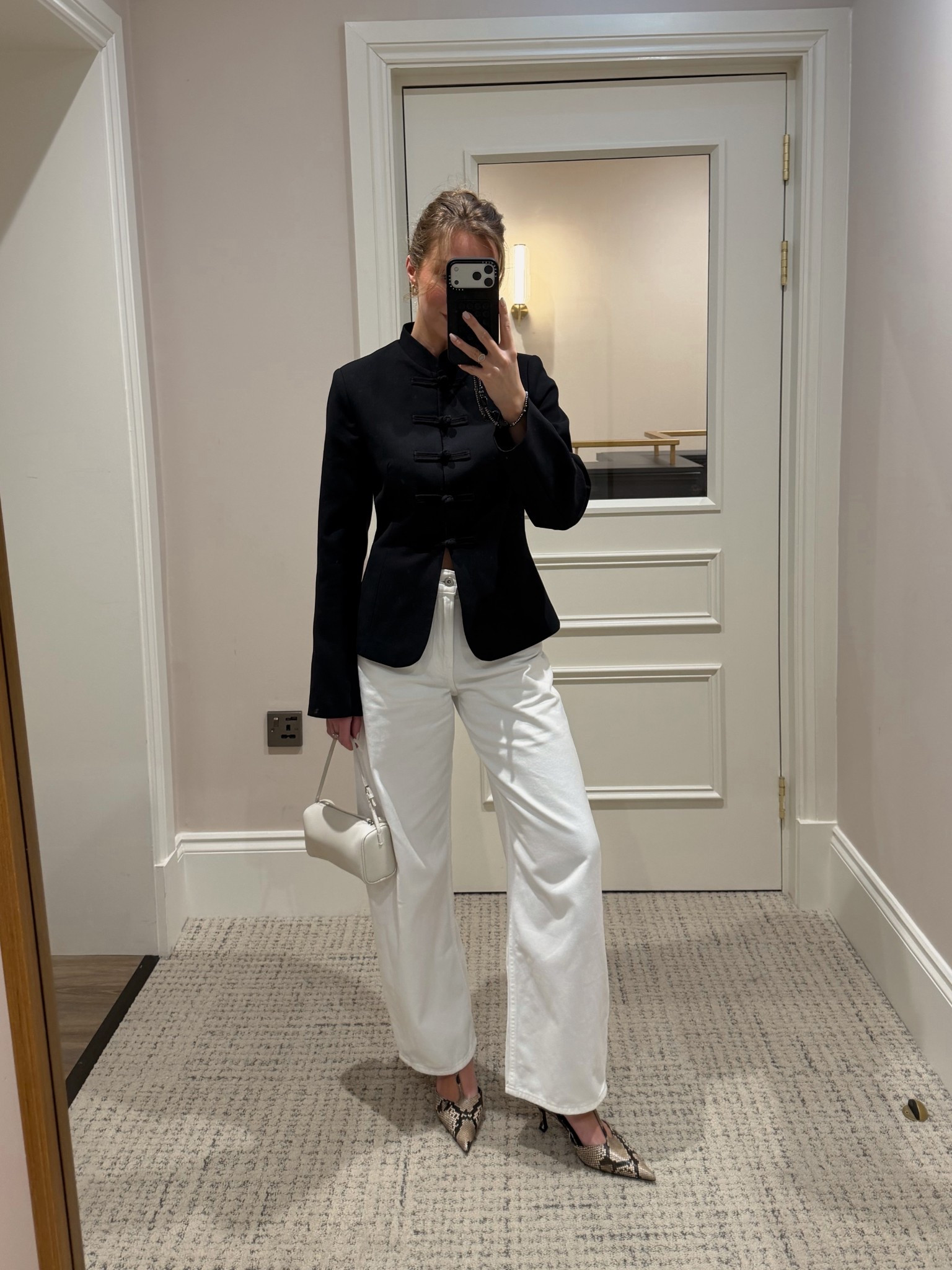 Mandarin collar jacket, white baggy jeans, snake print heels, spring outfits 2026 

#LTKuk #LTKspring #LTKdatenight