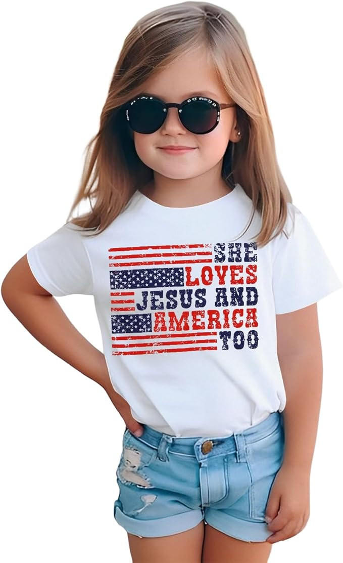 Loves Jesus and America Too Shirt Toddler Baby Girl 4th of July USA Flag T-Shirt Kid Patriotic Sh... | Amazon (US)