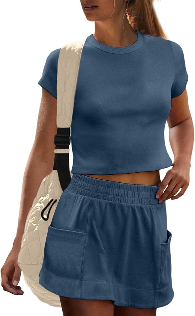 UNIANKIYA Womens 2 Piece Skirt Sets Cotton Short Sleeve Tops and Skort with Built in Shorts Pocke... | Amazon (US)