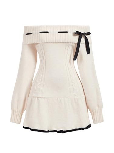 SOLY HUX Women's Off The Shoulder Sweater Dress Bowknot Knit Mini Dresses Bodycon Long Sleeve Swe... | Amazon (US)