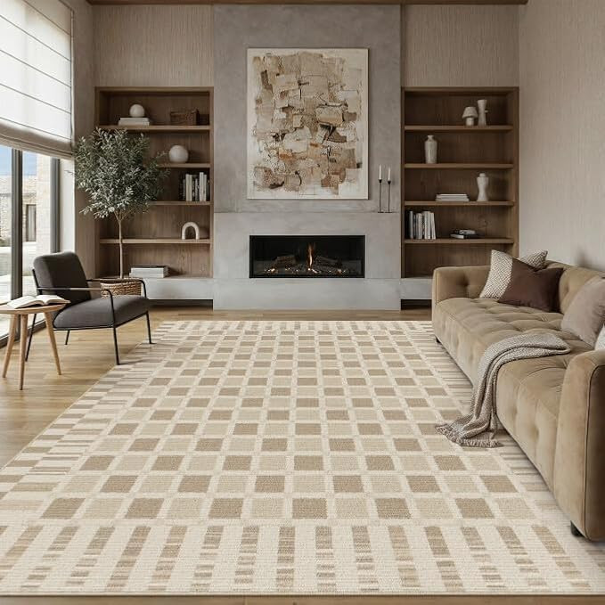 PureCozy Checkered Rug 8x10 for Living Room Brown Machine Washable Large Rug Non-Slip Stain Resis... | Amazon (US)