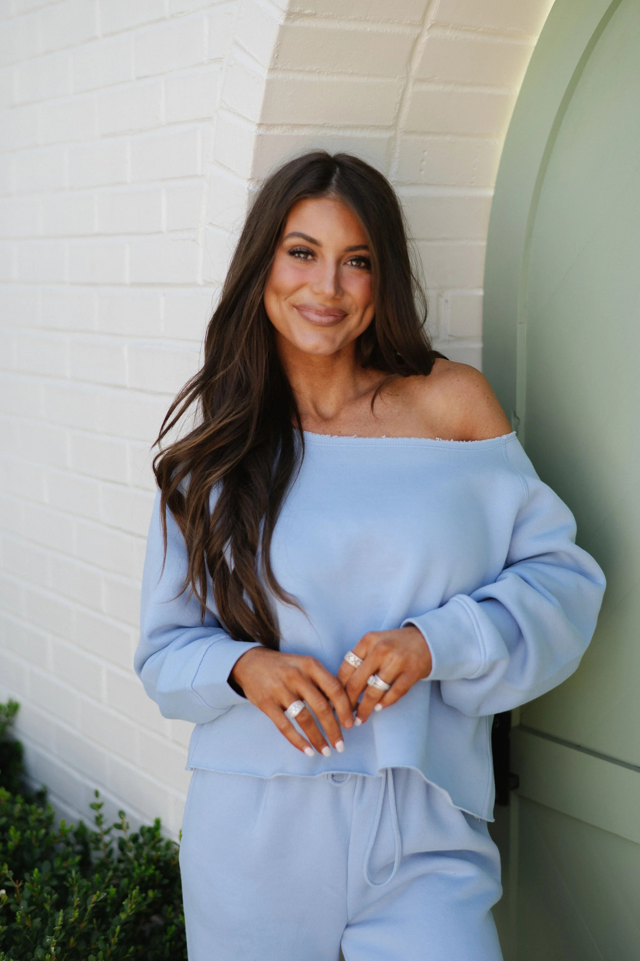 Fleece Off The Shoulder Top-Blue | These Three