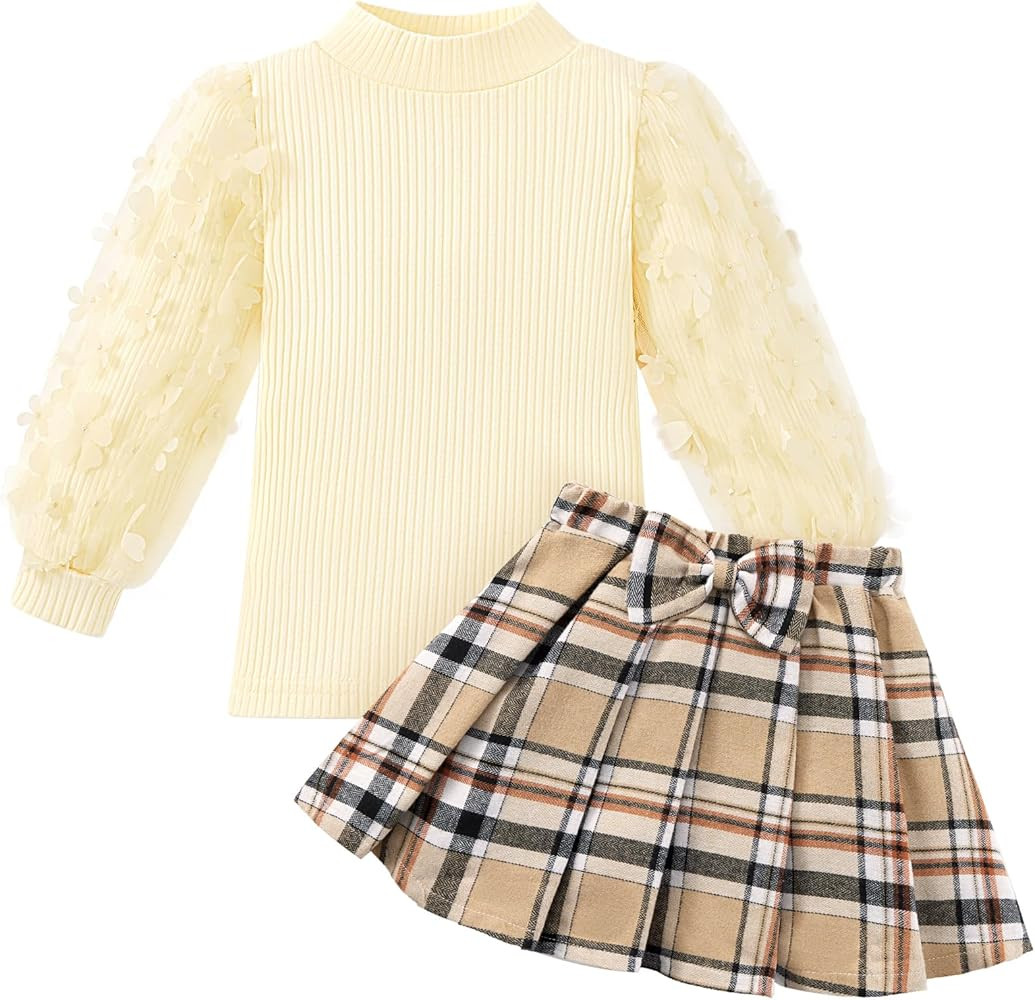 Toddler Baby Girl Clothes Cute Fall Outfits Casual Skirt Set Solid Turtleneck Knit Tops Plaid Min... | Amazon (US)