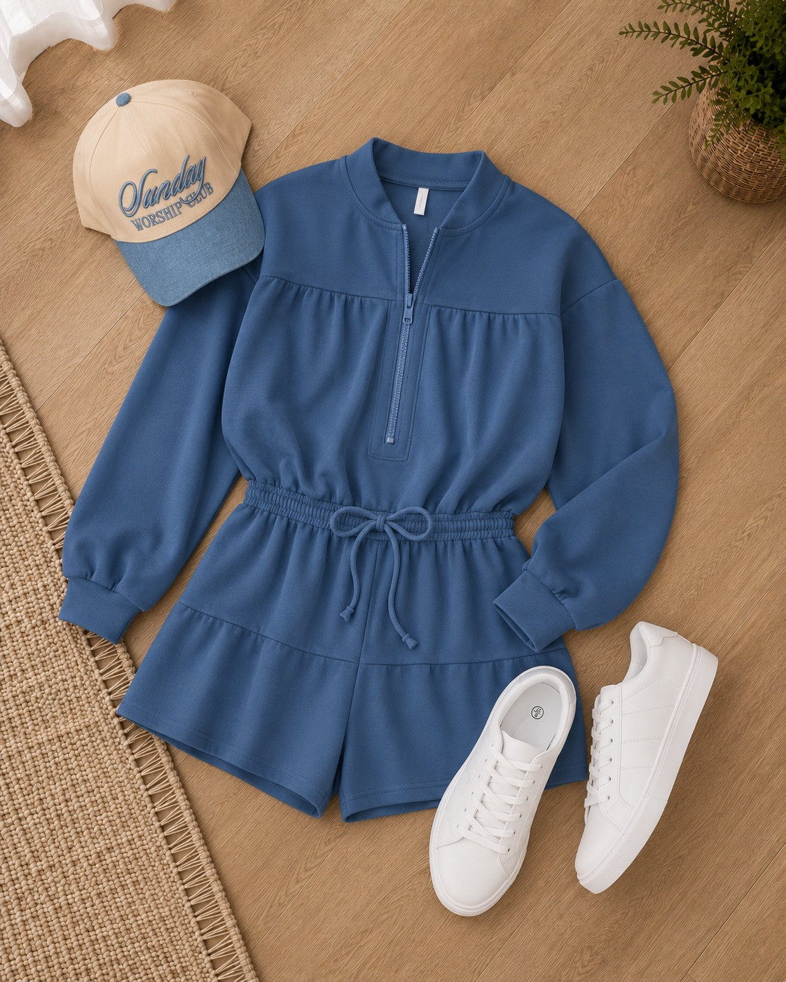Cozy-cool comfort all the way! This blue quarter-zip romper is such a fun one-and-done piece with the tiered bodice and drawstring waist. Add clean white sneakers and a trucker cap and you're ready to go. Perfect for weekend errands, coffee runs, or easy travel days on the move! 

 #LTKootd #LTKSeasonal #LTKActive