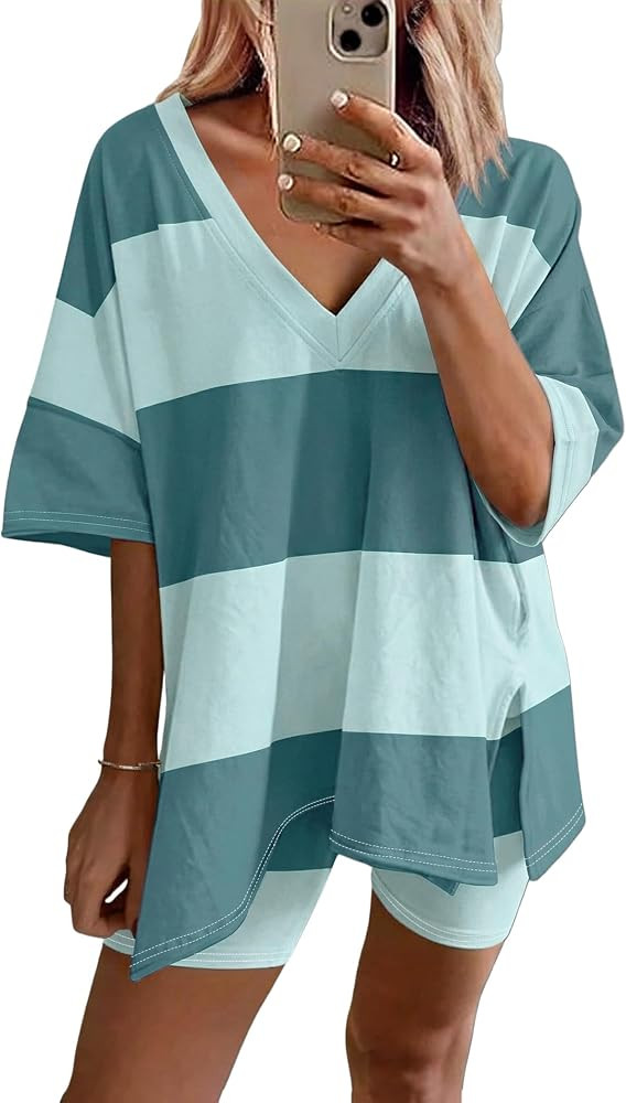 Ekouaer Womens Pajamas 2 Piece Lounge Sets Oversized V Neck T-Shirts Tops Biker Shorts Set Workou... | Amazon (US)