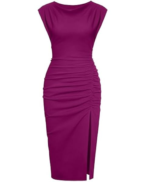 IHOT 2025 Women's Mock Neck Side Slit Ruched Bodycon Cocktail Party Wedding Guest Midi Dress | Amazon (US)
