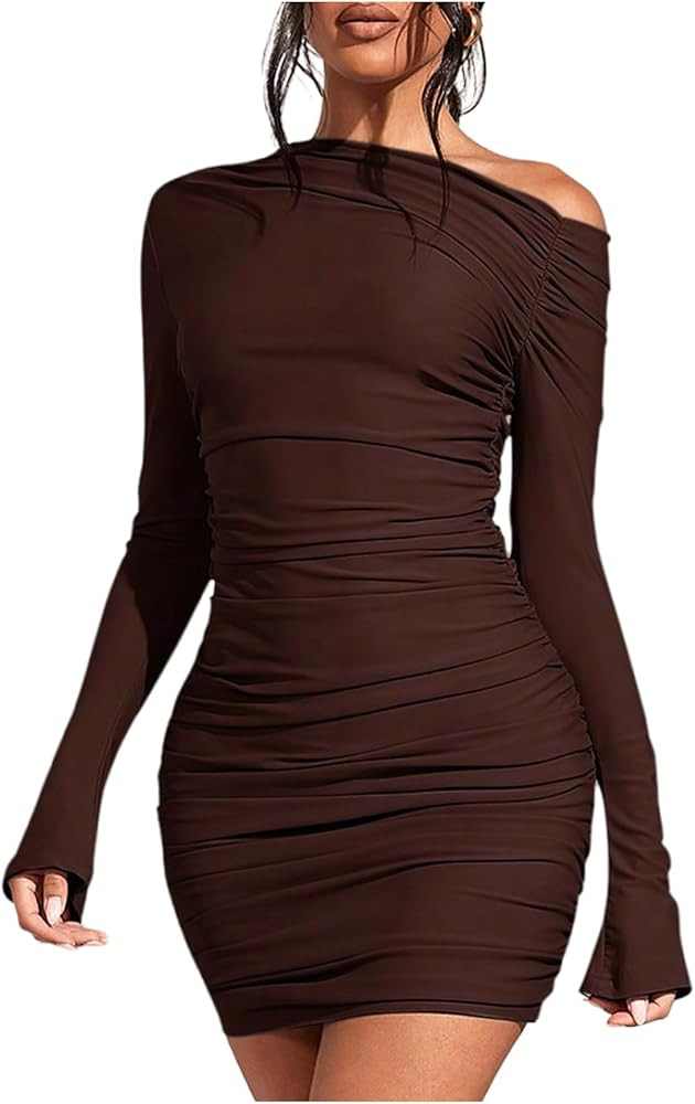 Milumia Women's Off The Shoulder Long Sleeve Mini Dress Ruched Bodycon Club Party Short Dresses | Amazon (US)
