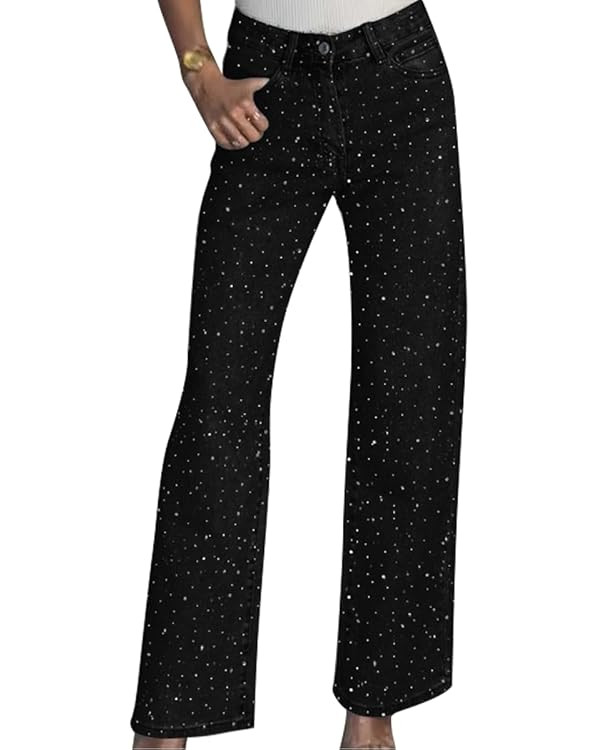Women's Straight Leg Rhinestone Boyfried Denim Pants, Sparkly Bling Glitter Jeans | Amazon (US)