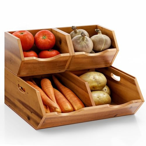 HOLANA Onion and Potato Storage Bins - Acacia Wood Pantry Baskets Organization and Storage - Wooden Stackable Baskets for Bread, Fruit, Vegetable - Onion Basket for Kitchen Counter (Patent Pending) | Amazon (US)