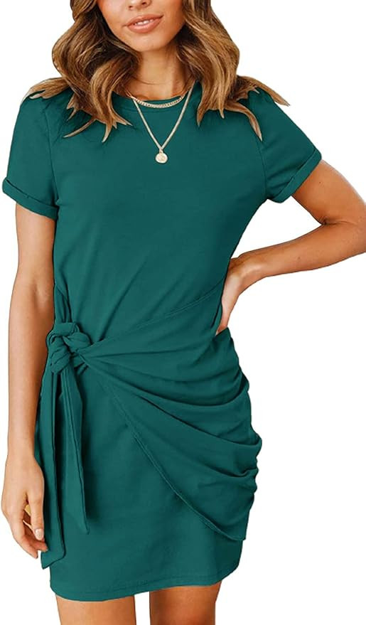 MEROKEETY Women's Short Sleeve Crew Neck T Shirt Dress Tie Waist Ruched Bodycon Mini Dress | Amazon (US)