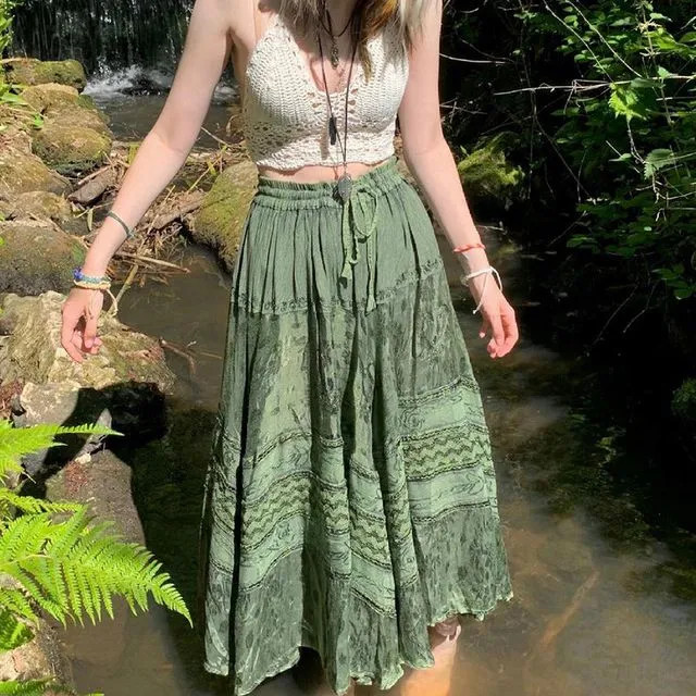 Honet - Drawstring Printed A-Line Long Skirt | YesStyle Global