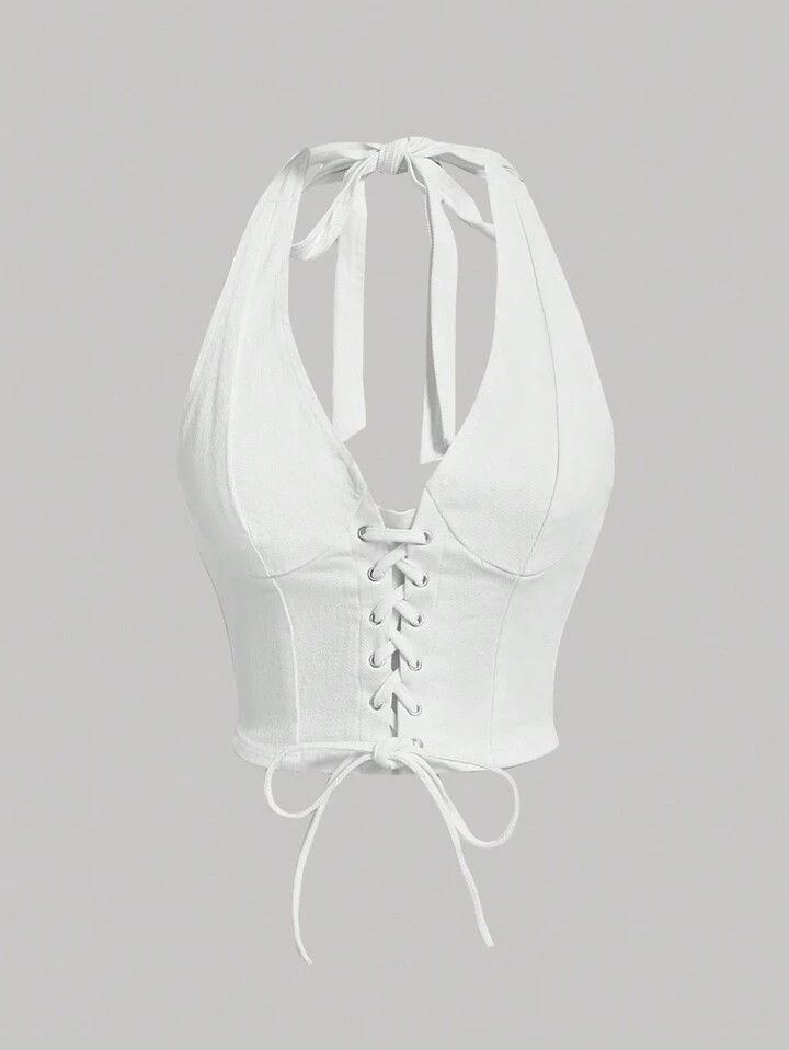 SHEIN MOD Lace Up Front Halter Neck Denim Top | SHEIN