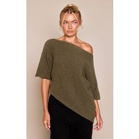 Khaki Filagree Slub Knit Short Sleeve Asymmetric Top | PrettyLittleThing US