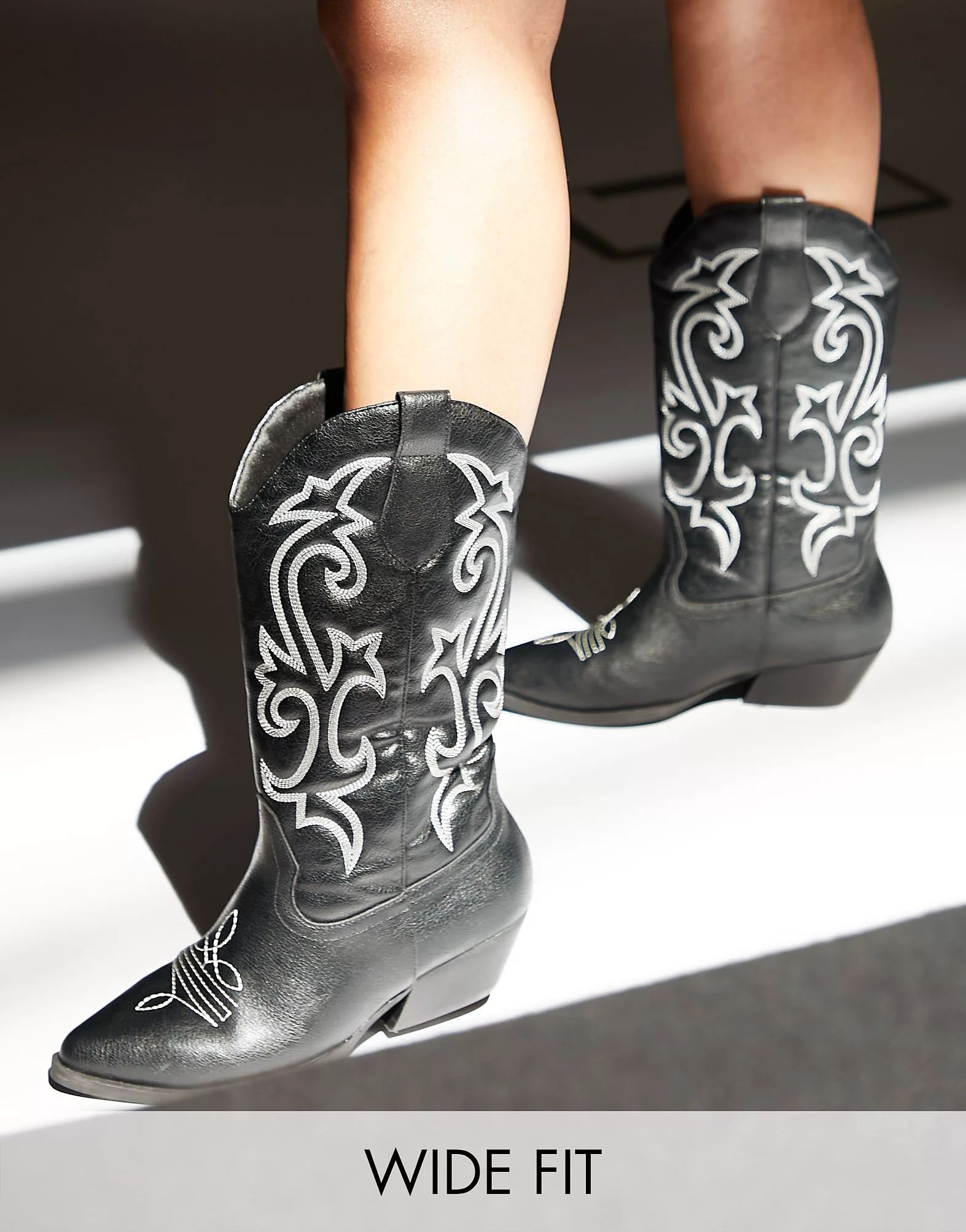 ASOS DESIGN Wide Fit Andi flat western knee boots in black | ASOS (Global)