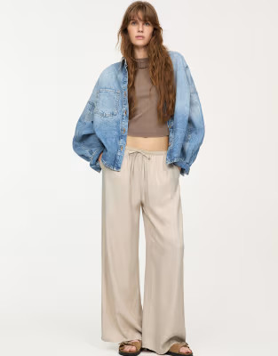 Pull&Bear wide leg satin joggers in beige | ASOS | ASOS (Global)