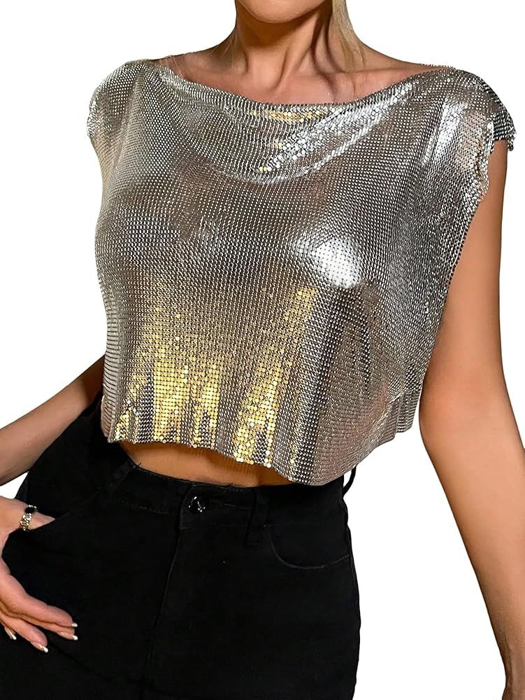 SOLY HUX Women's Metallic Top Shiny Tank Top Sleeveless Party Club Concert Crop Tops | Amazon (US)