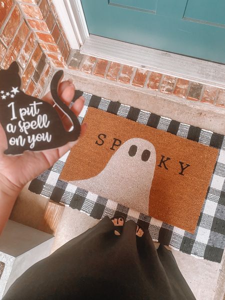 Spooky season Halloween front door mat, front door welcome mat for Halloween season, front porch decor for hallows Eve, spooky ghost decor with Buffalo check accent rug. 

#LTKSeasonal #LTKhome #LTKHalloween