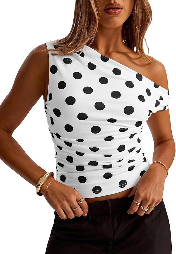 Women Y2k Vintage Polka Dot Asymmetrical Off Shoulder Ruched Crop Tank Tops Slim Fitted Sleeveles... | Amazon (US)