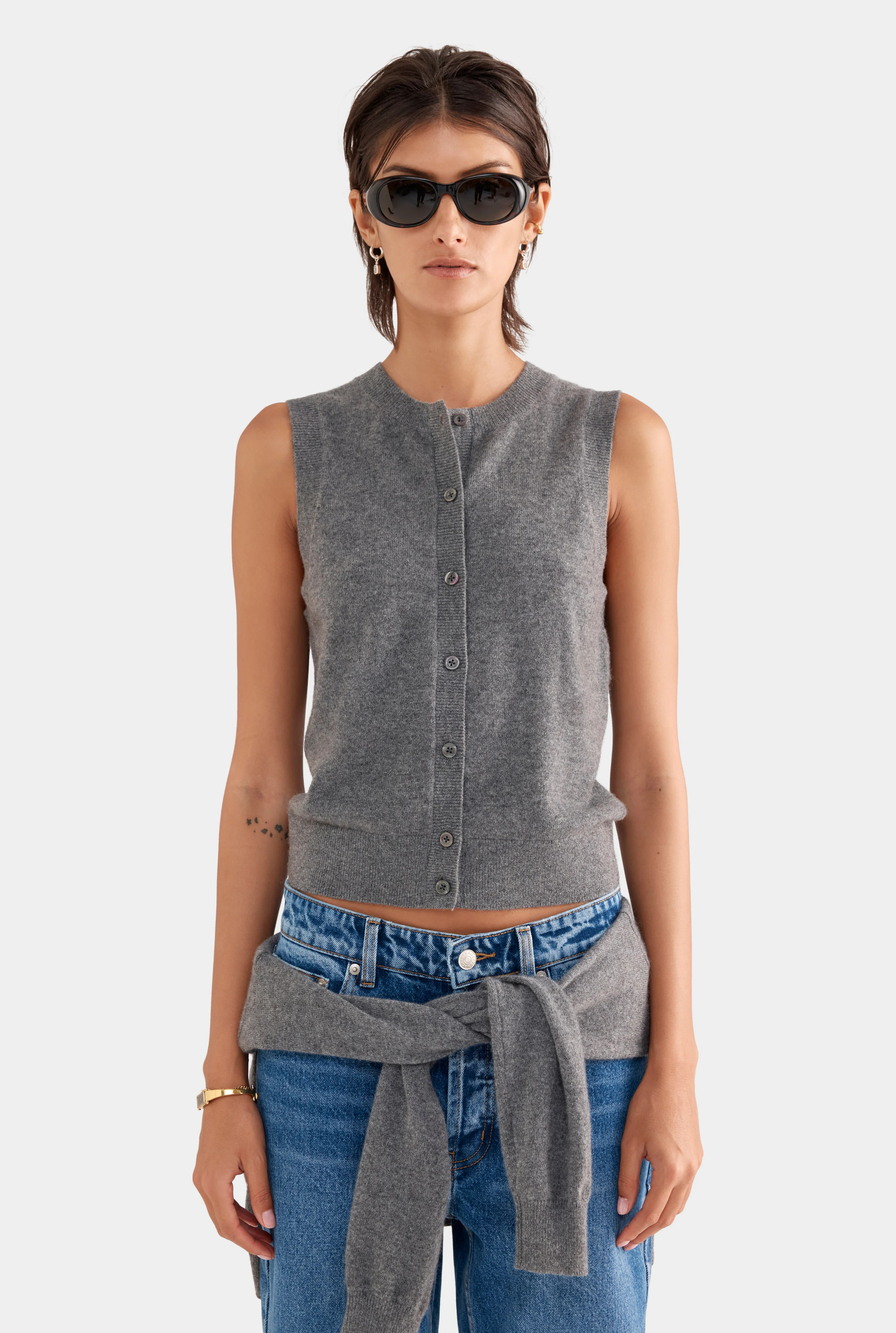Womens Cashmere Button Through Tank in Charcoal | Venroy | Venroy AU