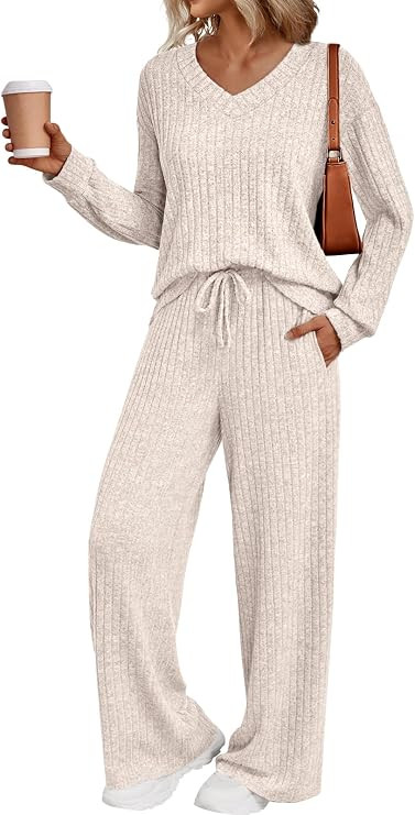 LILLUSORY Women's Lounge Sets Travel Airport Matching Fall Outfits 2026 | Ribbed Knit, V Neck Top... | Amazon (US)