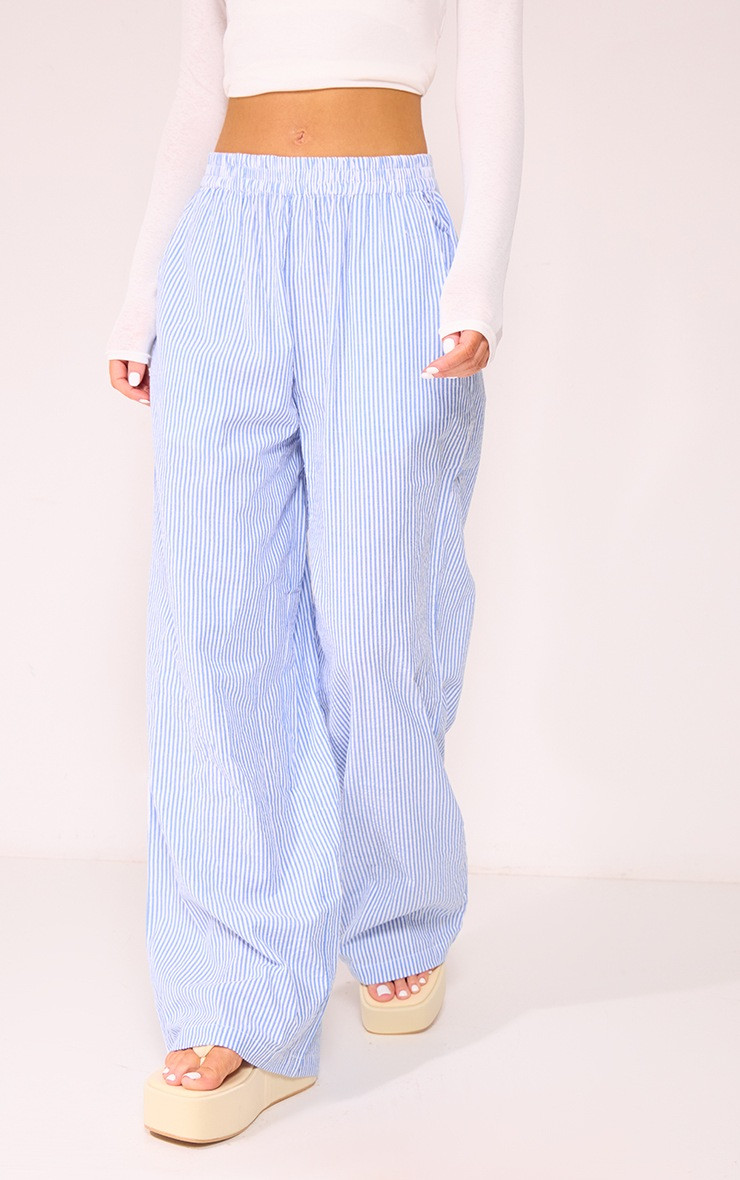 Blue Pinstripe Linen Look Elasticated Waist Trousers | PrettyLittleThing UK