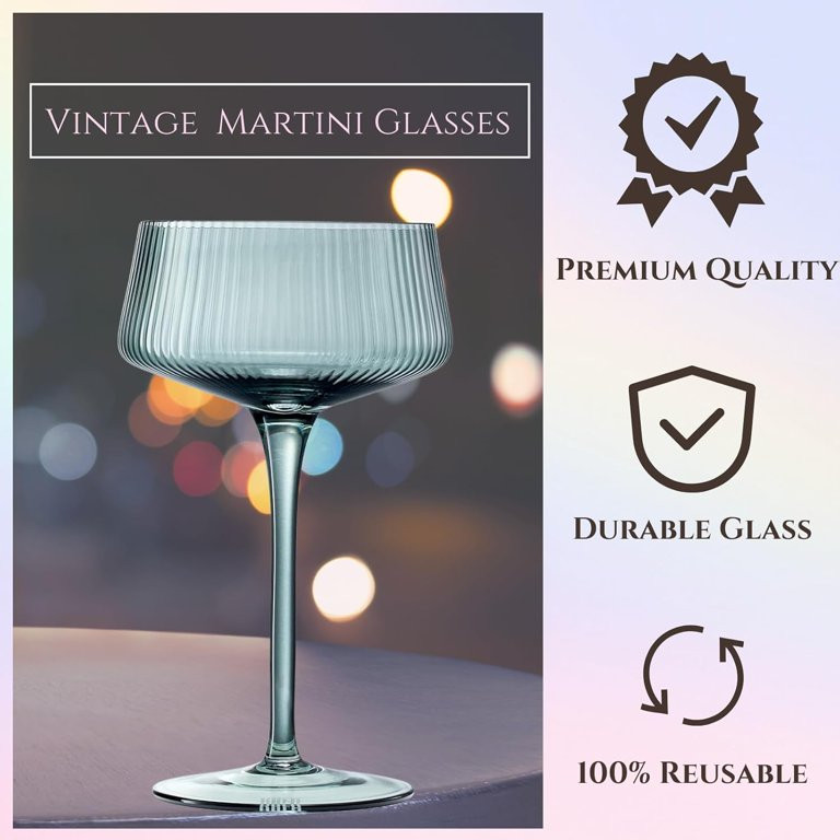 Colored Vintage Art Coupe Glasses - Martini, Cocktail & Champagne Ribbed Glasses 7.5oz | Set of 6... | Walmart (US)