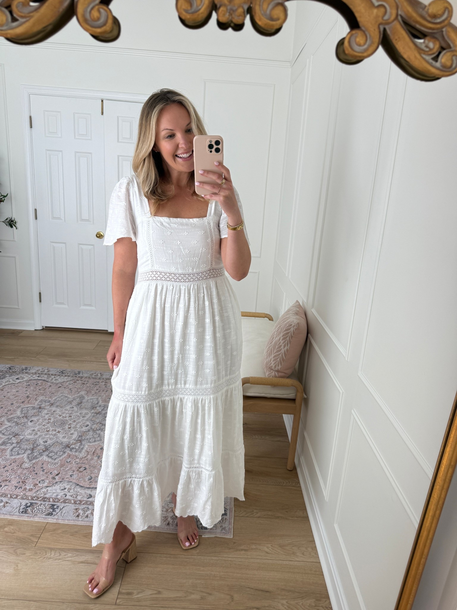 White maxi dress perfect for bridal events this spring and summer! Wearing a medd top