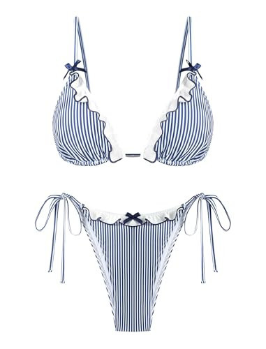 ZAFUL Women's Triangle Bikini Striped Ruffles Bowknot Tie Side Spaghetti Strap Thong Cheeky 2 Pieces Bikini Swimsuit (2-Deep Blue, XL) | Amazon (US)