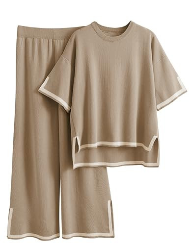 Tanming Sweater Sets Women 2 Piece Lounge Sets Short Sleeve Knit Pullover Tops Wide Leg Pants (DarkKhaki-S) | Amazon (US)