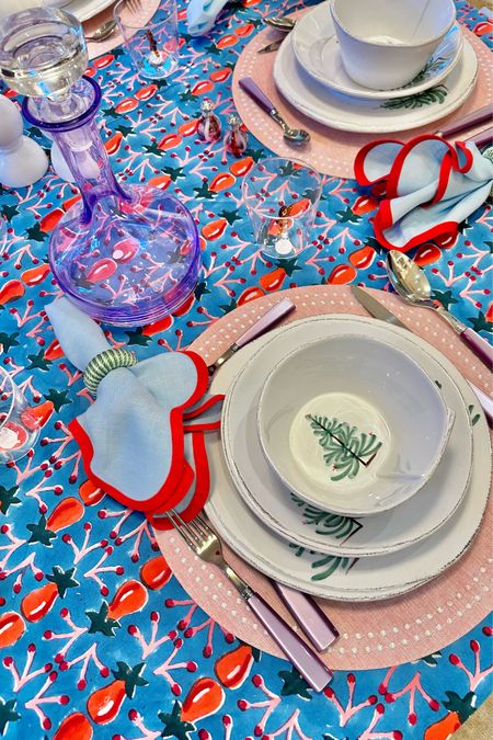 Holiday party tablescape - vietri place setting, Napoleon silverware, Fenwick Fields Napkins, Estelle decanter, Furbish tablecloth

#LTKHoliday #LTKfindsunder100 #LTKparties