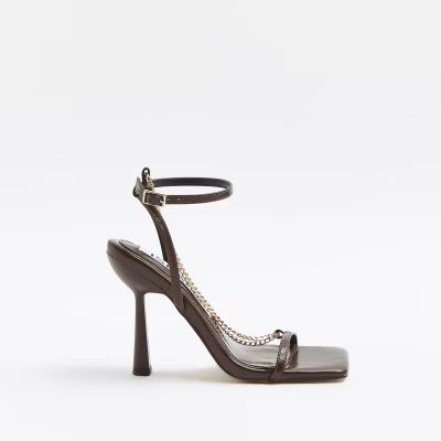 Brown chain detail strappy heeled sandals | River Island (UK & IE)