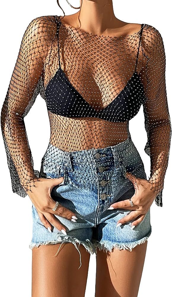 SHENHE Women's Sheer Mesh Rhinestone Cover Up Sexy Fishnet Long Sleeve Beach Shirt | Amazon (US)