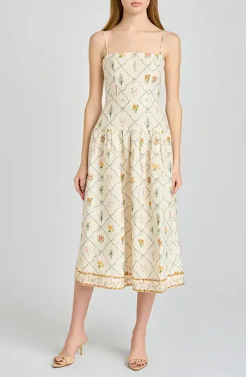 WAYF Juliet Print Linen Blend Midi Sundress in Ivory Botanical at Nordstrom Rack, Size Medium | Nordstrom Rack