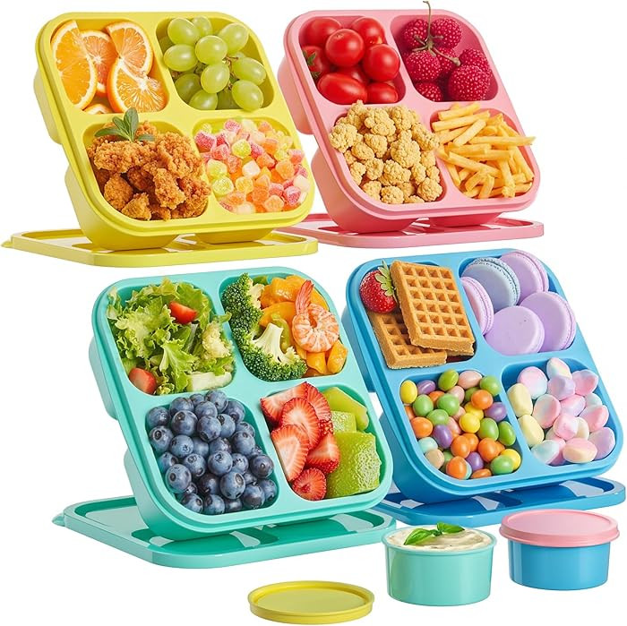 4 Pcs Snack Box Containers Set, Reusable 4 Compartment Lunchable Container with 2Pcs Sauce Contai... | Amazon (US)