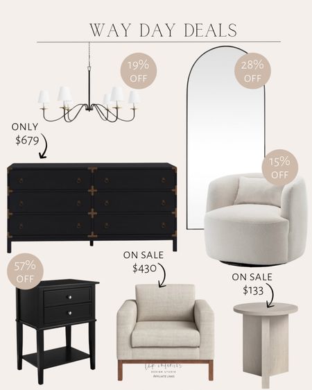 Way Day Deals 
Drawer dresser / wife Boucher upholstered swivel armchair / oversized arched full length mirror / pedestal end table / upholstered armchair  / 6-light dimmable chandelier / end table with storage 

#LTKSaleAlert #LTKHome