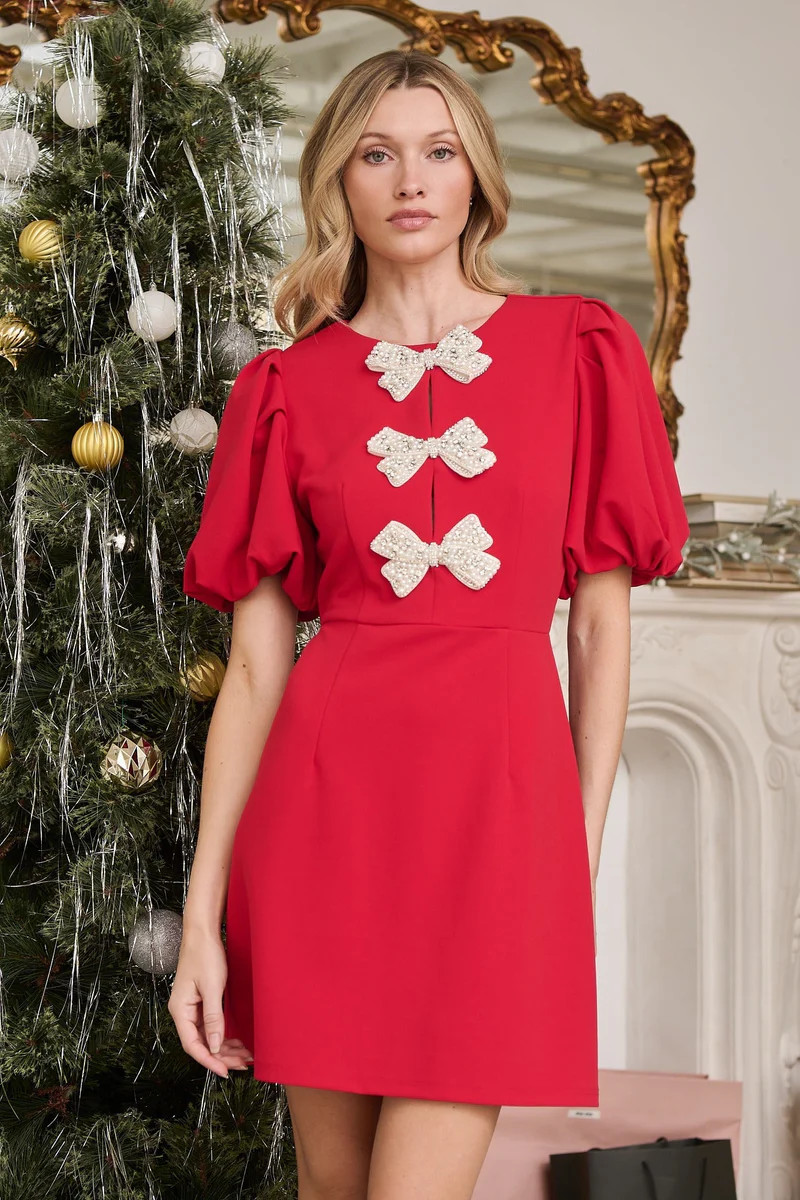 Cherry Belle Pearl Bow Mini Dress | Sugarlips