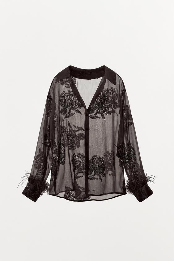 SEMI-SHEER SEQUIN FEATHER BLOUSE | Zara US