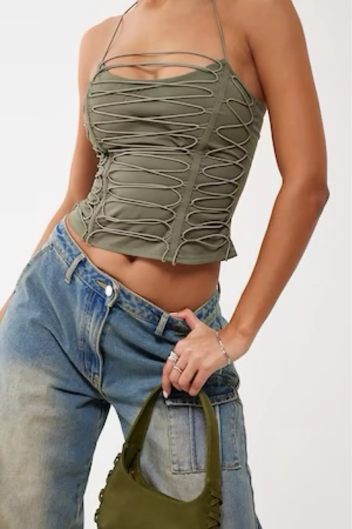 Khaki Woven Elastic Lace Up Corset, Tops