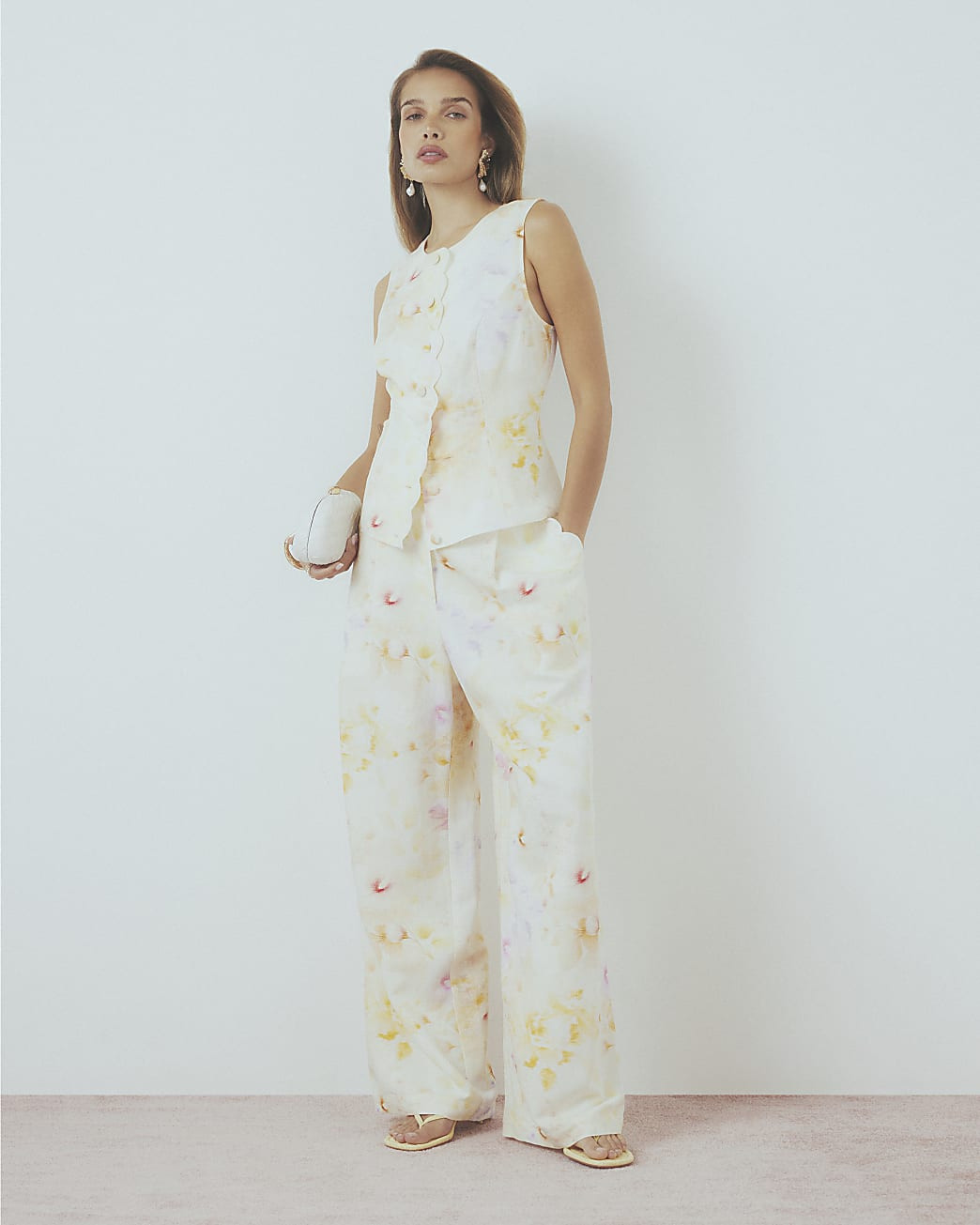 Cream Floral Scallop Trim Wide Leg Trousers | River Island UK & IE