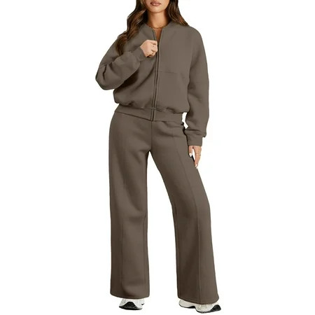 DOKOTOO Womens Sweatsuits 2 Piece Outfits Oversized Fleece Zip up Long Sleeve Sweatshirt with Wide Leg Sweatpants Tracksuit Lounge Sets | Walmart (US)
