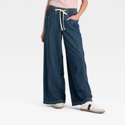 Women's High-Rise Drawstring Wide Leg Relaxed Fit Beach Pants - Universal Thread™ Dark Wash L | Target