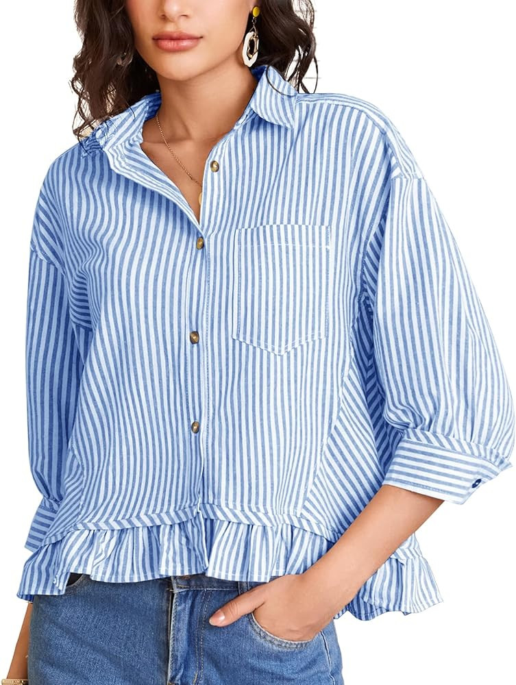 Flygo Womens 3/4 Sleeve Striped Button Down Shirts Cropped Ruffle Hem Casual Collared Drop Should... | Amazon (US)