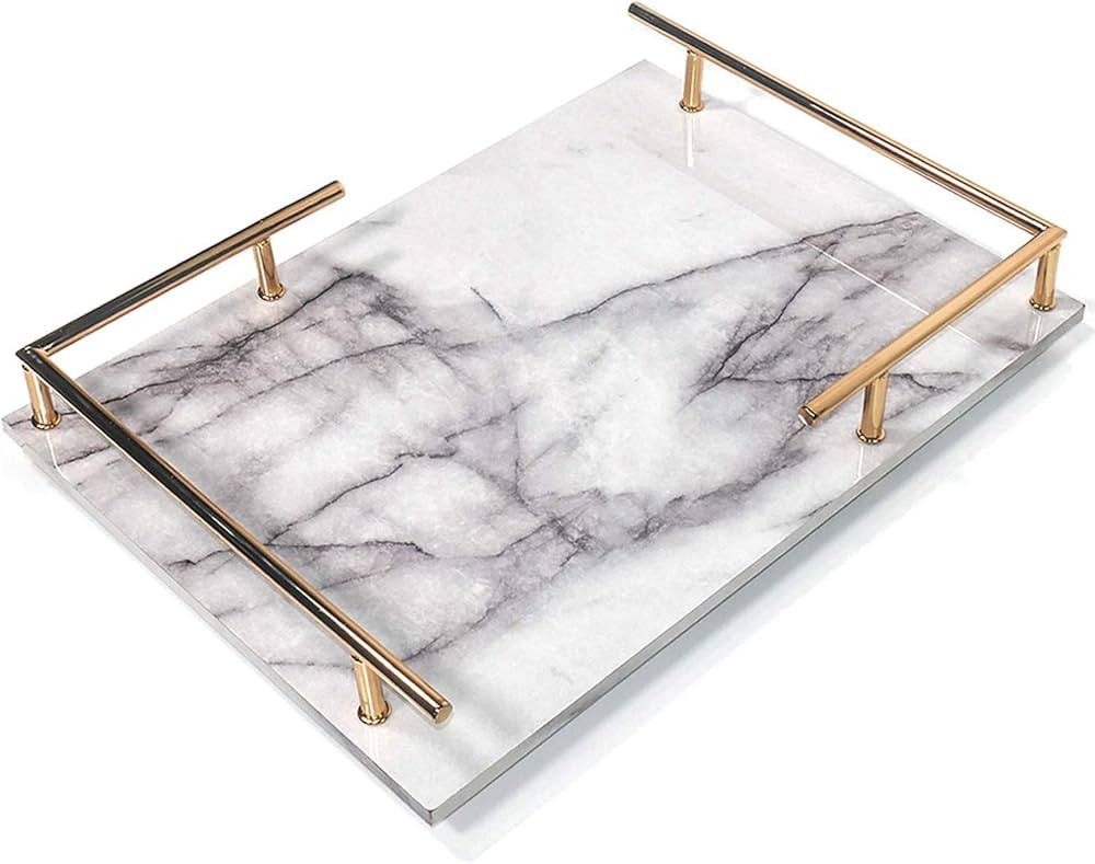 PuTwo Decorative MDF Tray with Marble Print, Handmade Vanity/Perfume Tray with Gold Metal Handle, Trinket Tray, Catchall Tray for Dresser Bathroom Vanity Table (Gray and White) | Amazon (US)