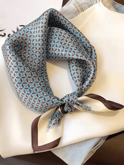 1pc 70cm Women Bandana Faux Silk Satin Scarf, Black & White Geometric Pattern Squares Print, Vers... | SHEIN