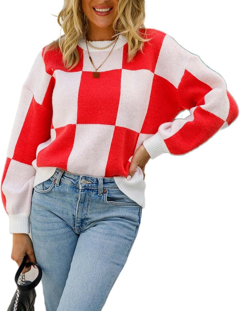 Women's Long Sleeve Checkered Vintage Oversized Sweater Colorful Y2K Sweaters Pullover Aesthetic ... | Amazon (US)