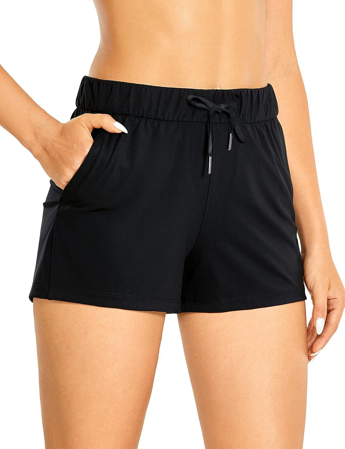CRZ YOGA Mid-Rise Women's Stretch Lounge Travel Shorts Elastic Waist Comfy Workout Shorts with Pocke | Amazon (US)