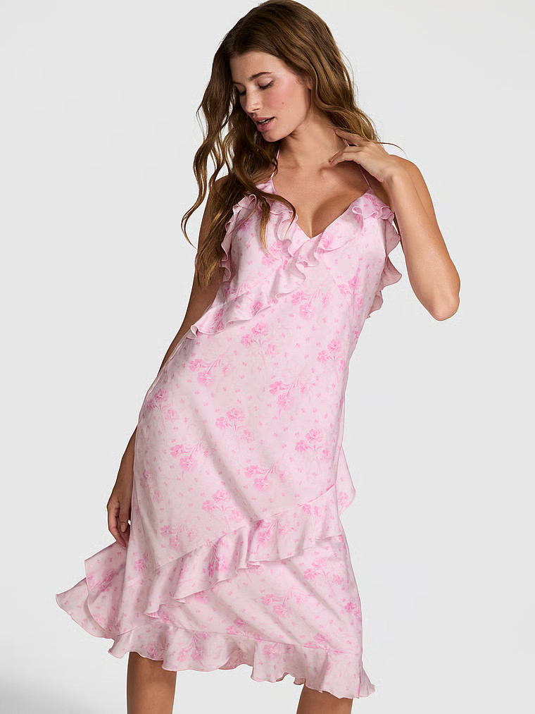 Buy PINK x LoveShackFancy Satin Ruﬄe Maxi Dress, Pink Tulip Entwined Carnation - Order Dresses ... | Victoria's Secret (US / CA )