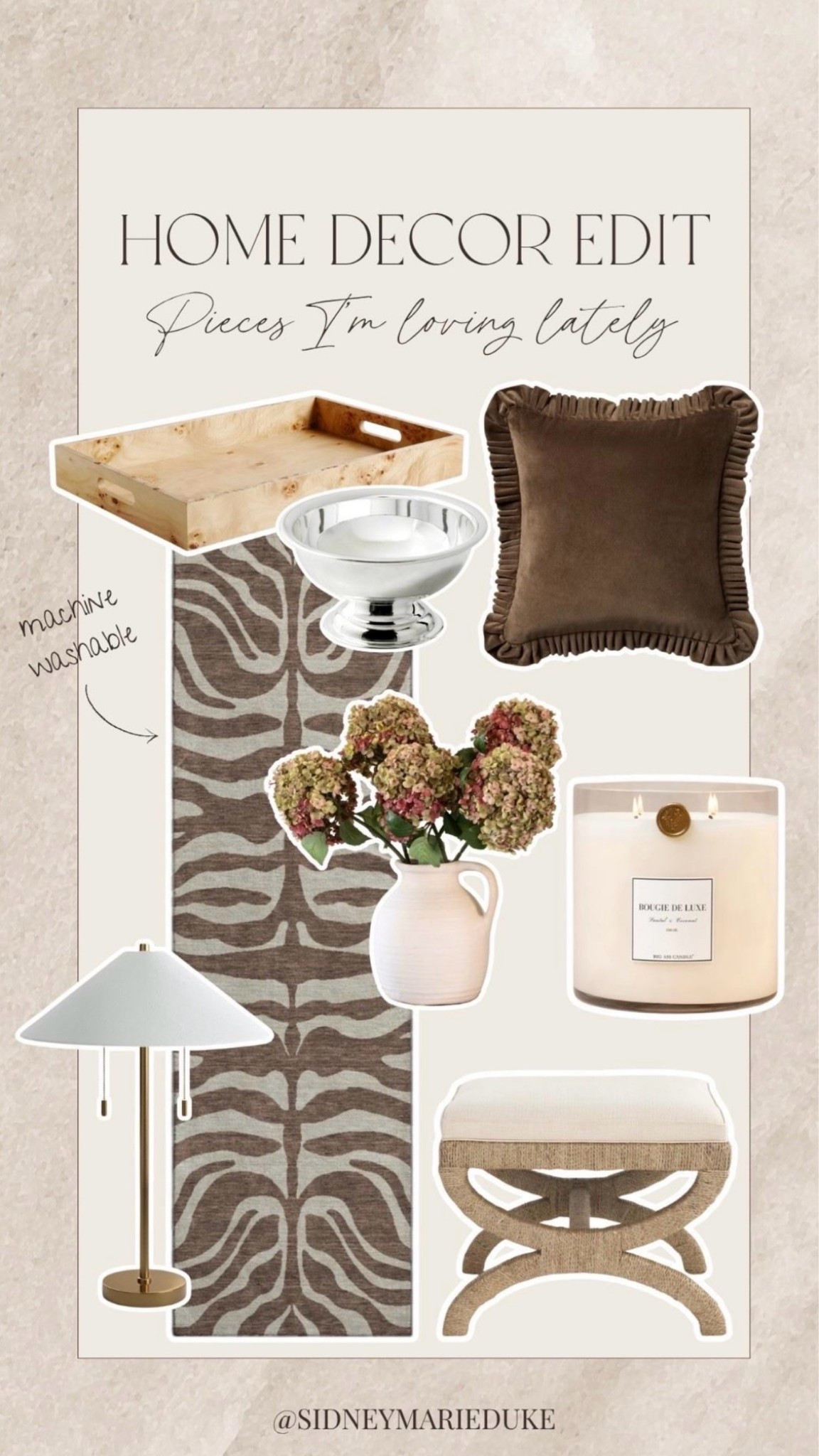 A few home decor pieces I’m loving lately🤎 So many good finds for adding a little warmth + texture to your space!





Home decor, fall, seasonal, neutral, animal print, zebra, washable rug, ottoman, runner, lamp, scented candle, throw pillow, sidneymarieduke 

 #LTKHome